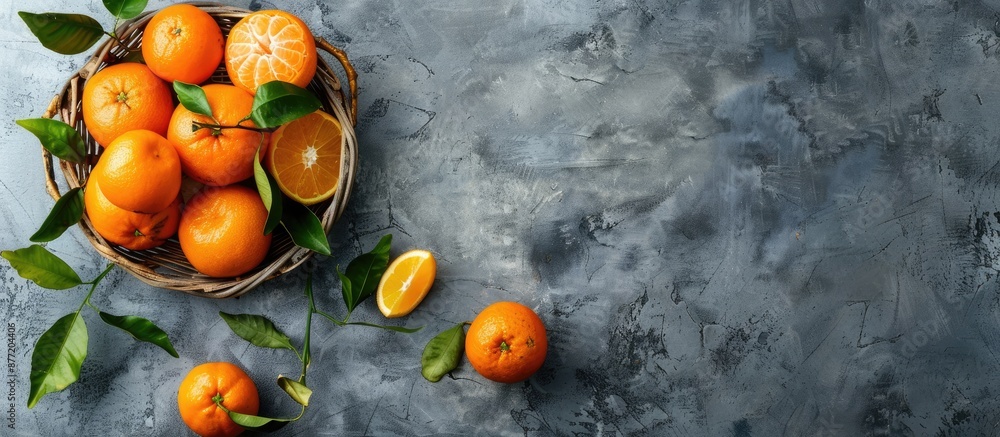 Leinwandbilder Basket filled with citrus fruits like oranges tangerines and clementines complete with leaves placed on a gray stone background with ample copy space image