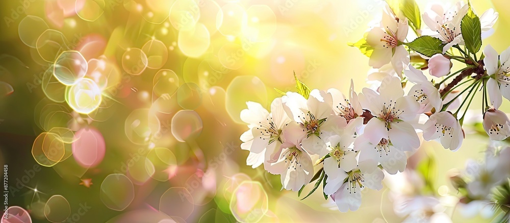 Poster blurry spring foliage provides backdrop for cherry tree branch with flowers in image with copy space