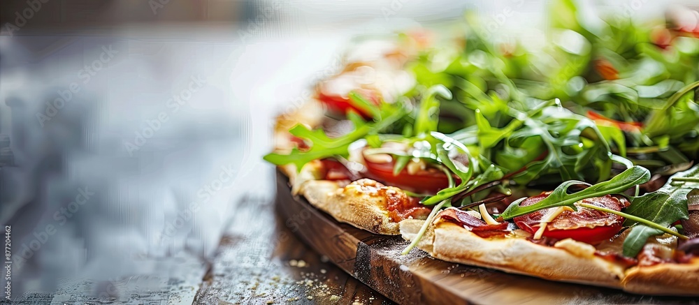 Poster Fresh Mediterranean greens and local cheeses top a handcrafted pizza creating a tantalizing image with copy space