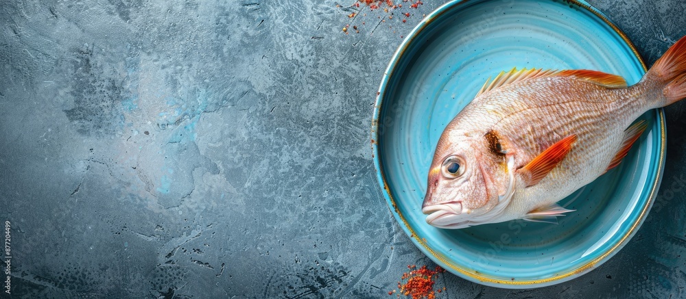 Poster top view of a whole raw organic sea perch on a blue dish with space for text or images. with copy sp