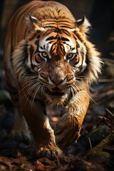 Majestic Bengal Tiger walking in the savage looking with aggression generated by, generative IA