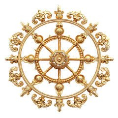 Golden ornate Dharmachakra wheel symbol representing the teachings of Buddhism and the path to enlightenment with intricate detailing.