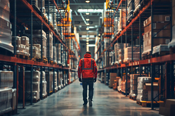 Fototapeta premium Warehouse worker, industrial engineer supervising supply, professional delivering cardboard packages.