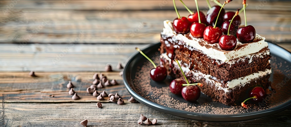 Poster chocolate cake with vanilla cream and cherries on a plate against a wooden backdrop ideal for a prod