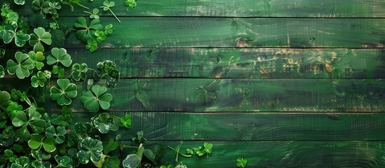 Fototapeta premium Green St Patrick s Day themed abstract wooden background with copy space image
