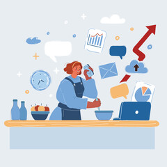 Cartoon vector illustration of woman cooking and working at the same time. Woman working at home. Multitask concept