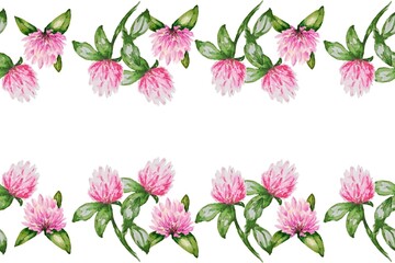 Watercolor seamless pattern frame border with clover flowers and leaves a white background horizontal