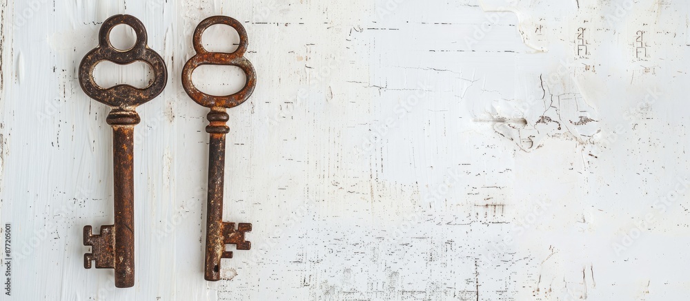 Poster vintage pair of antique keys on a white backdrop with copy space image