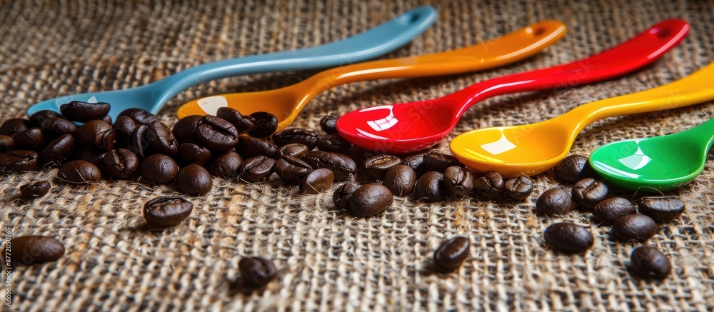 Aufkleber low angle view of dark roasted coffee beans on burlap with colorful kitchen spoons creating a vivid 