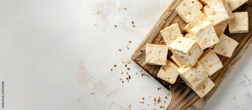 Aufkleber Vegan food concept with sliced smoked tofu on white board against a white background creating a simple yet appealing copy space image