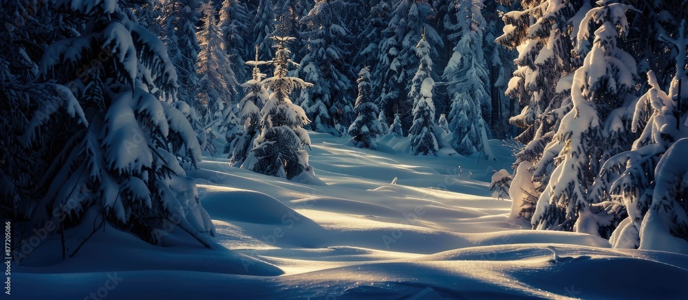 Poster In the dim light snowy spruce trees with copy space image for New Year s glisten surrounded by soft white snowdrifts resembling beds