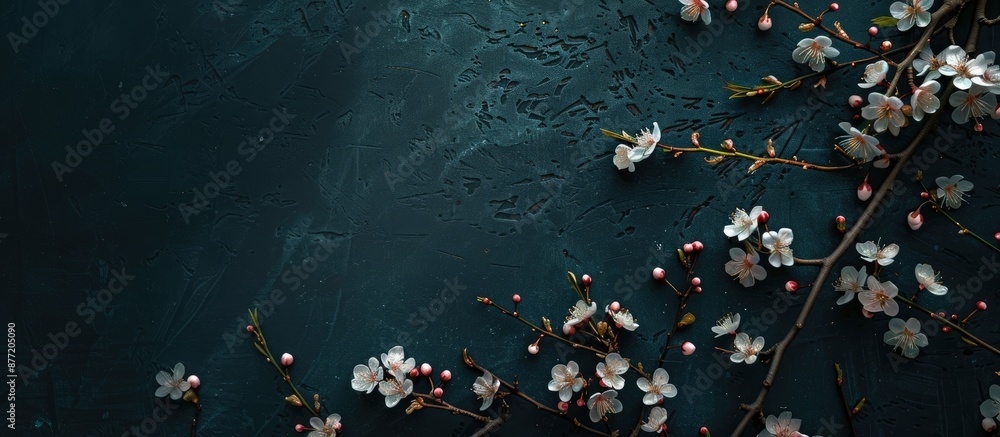 Poster A top down view of blossoming spring branches against a dark backdrop providing a clear copy space image