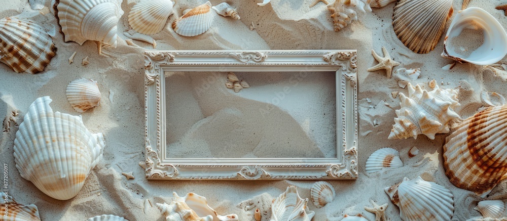 Aufkleber Copy space image of a picture frame set against a backdrop of shells and sand