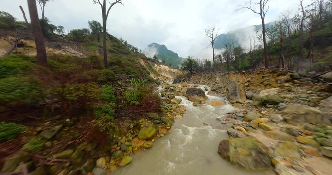 Cinematic FPV flight over the Kawah Ratu volcano crater in Indonesia