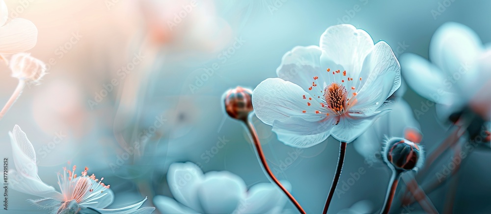 Poster A delicate flower blooming in a serene garden setting with copy space image