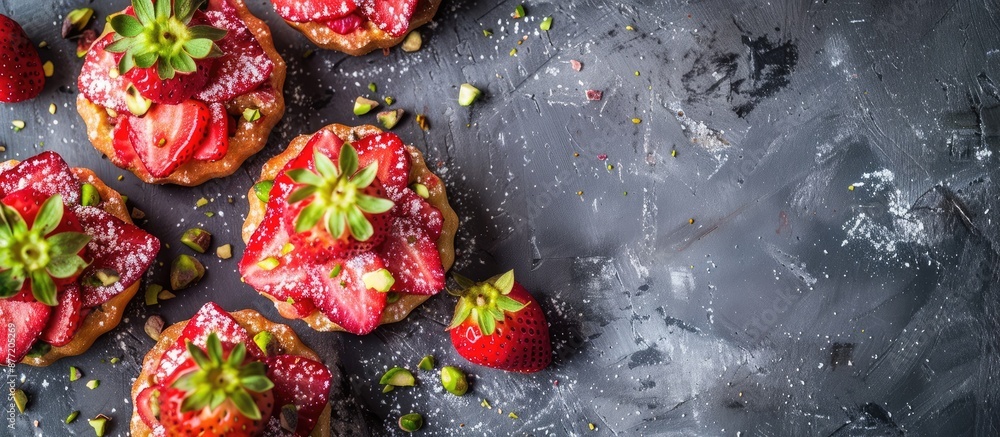 Poster top view of strawberry pistachio friands with a copy space image
