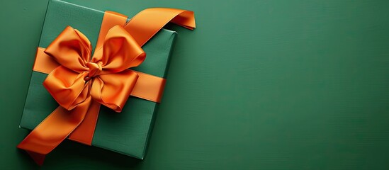 Gift box with a bright orange bow placed beautifully on a vibrant green backdrop perfect for a festive touch to your copy space image