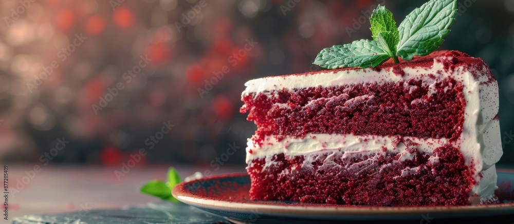 Poster close up image of vibrant bakery with spearmint leaves on a red velvet cake featuring copy space ima