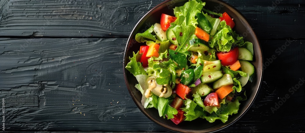Aufkleber Top down view of a homemade Olivier salad in a bowl on a black wooden surface Ample copy space available in the image for additional text or graphics