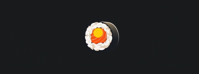 A close up of a sushi roll with a yellow sun on top. The sushi roll is surrounded by a black background