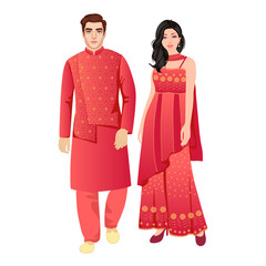  Cute indian wedding couple cartoon in traditional dress for wedding invitation 