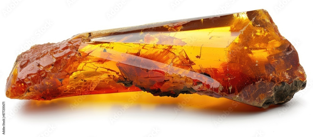 Aufkleber Elongated untreated amber with a crust displaying natural red brown hues on a white background creating a distinct copy space image