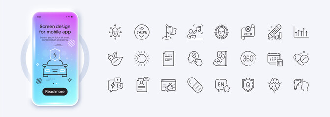 Seo marketing, Blood donation and Music line icons for web app. Phone mockup gradient screen. Pack of Organic product, Capsule pill, Growth chart pictogram icons. Vector