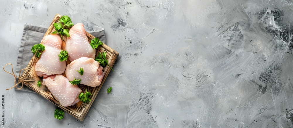 Poster raw chicken thighs arranged on a chopping board with a gray background in a top view allowing for co