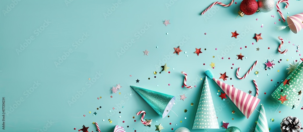 Fototapete A flat lay arrangement features party hats and various festive objects on a light blue backdrop leaving room for text in the image. with copy space image. Place for adding text or design