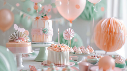 Pastel high tea or birthday set up featuring pastel pink and green, Pastel cake and balloons set and an assortment of sweet and savoury pastries on table