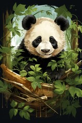 Bear panda with a bamboo branch in hand. A panda eats bamboo in a forest. Cartoo, generative IA