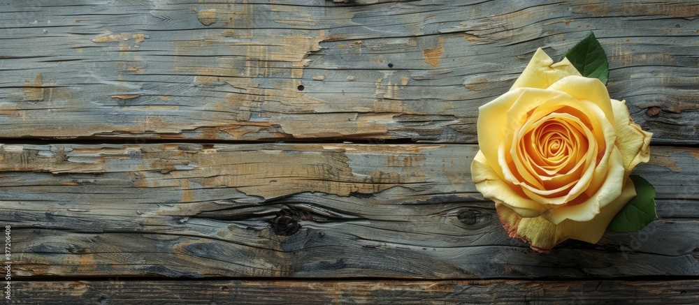 Poster a luxurious yellow rose with delicate petals on a rustic wooden background viewed from the top creat