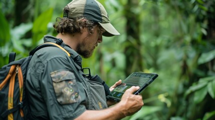 Wildlife Biologist Using Technology for Endangered Species Conservation in Rainforest Habitat