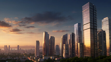 Obraz premium city skyline at sunset, ai generated