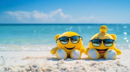 Two yellow emoji plush toys with sunglasses relaxing on a pristine white sand beach under a clear blue sky