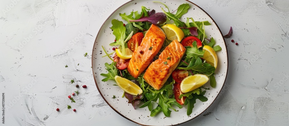 Poster salmon dish with salad and lemon garnish on a white wooden backdrop perfect for a copy space image