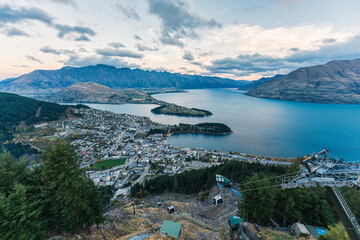 Beautiful Queenstown with Lake Wakatipu and Skyline Gondola on sunny day