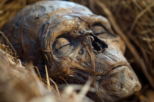 Closeup of a mummified head with intricate textures, nestled in a bed of dried grass