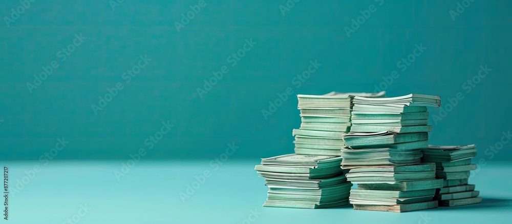 Poster money stacks on a blue backdrop ideal for a copy space image illustrating the concept of saving mone