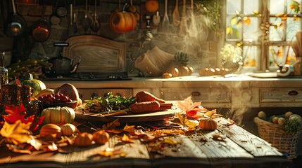 Obraz premium Cozy rustic kitchen with autumn decorations, warm sunlight, and a wooden table covered with pumpkins, leaves, and seasonal produce.