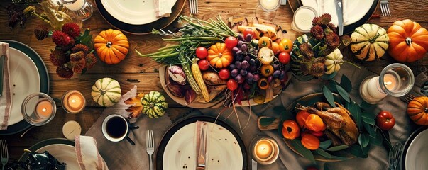 Beautiful autumn table setting with a colorful assortment of fruits, vegetables, and candles for a festive holiday dinner.