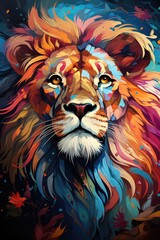 Bright Colorful Lion Cool Portrait in Popt Style, generative IA