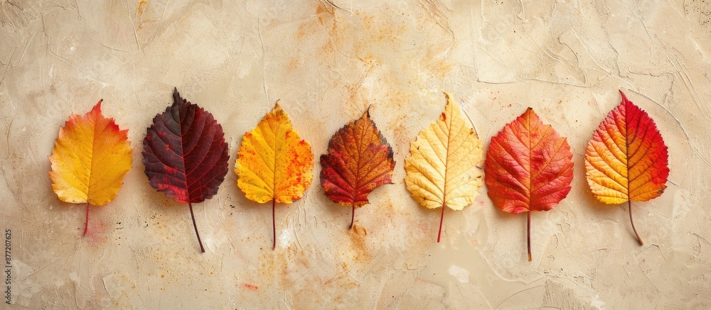 Aufkleber Autumn leaves in red and yellow shades neatly arranged in a row on a soft beige background provide a seasonal card or backdrop with a colorful textured foliage and copy space image
