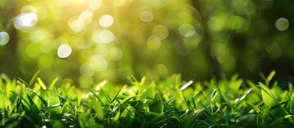 Poster copy space image of a vibrant green grass leaf set against a blurred green backdrop with sunlight an