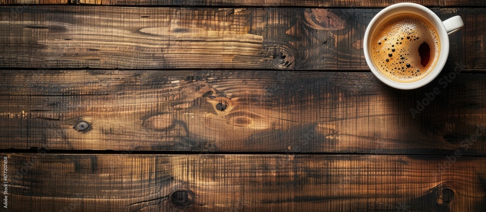 Poster Top down view of a cup of coffee placed on a wooden table with a spacious copy space image