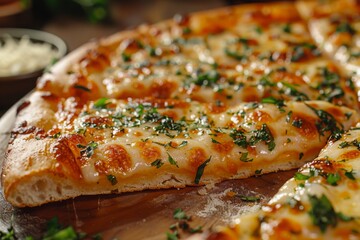 Close up view of a sliced pizza on a plate.