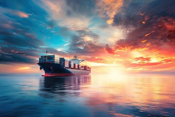 Logistics and transportation Container Cargo ship at twilight sky Freight Generative AI