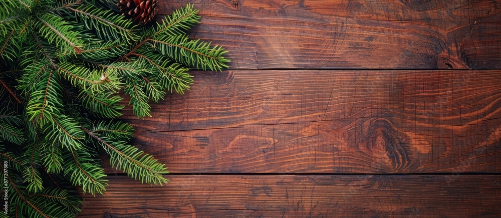Aufkleber Wooden board with a Christmas green fir tree creating a New Year background with copy space image