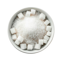 Top view of a white bowl filled with granulated white sugar and adorned with sugar cubes on a clean white background.