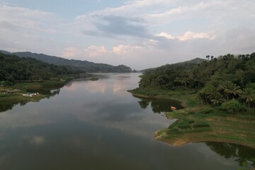 aerial view of a lake in the tropical hills. 